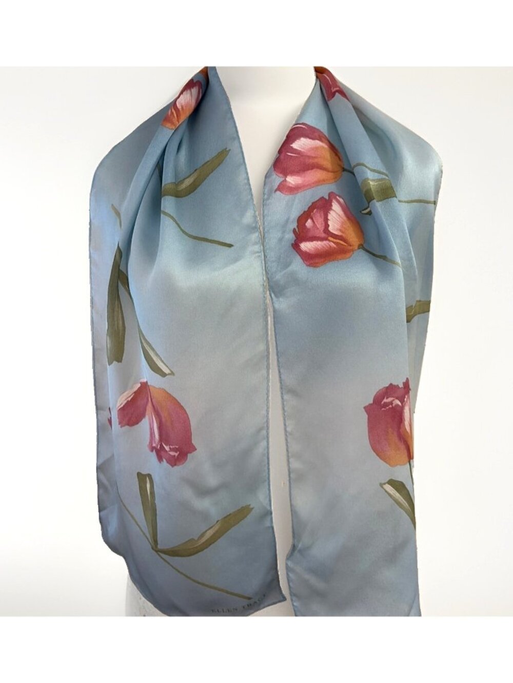 Vintage Ellen Tracy 100% Silk Scarf 52X11.5” Pastel Floral Tulips Luxe Designer